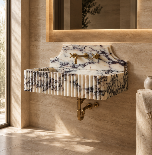 Kaunos Calacatta Viola fluted sink with brass wall faucet