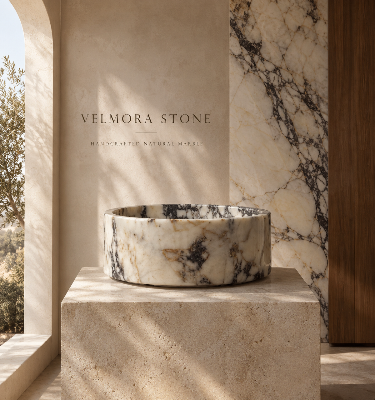 Dokimeion round Calacatta marble vessel sink on a stone pedestal