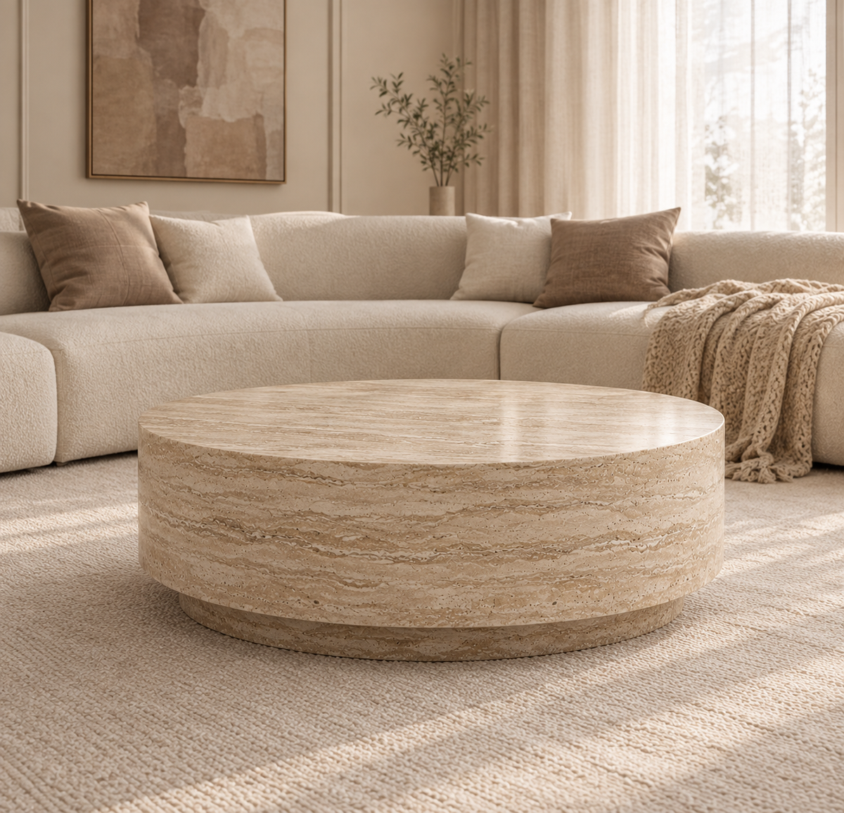 Troy round travertine drum coffee table beside a sofa