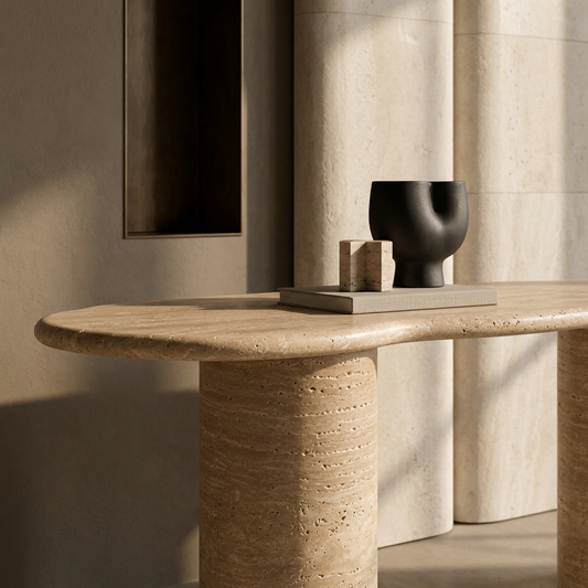 Ephesus travertine console table with cylindrical travertine legs