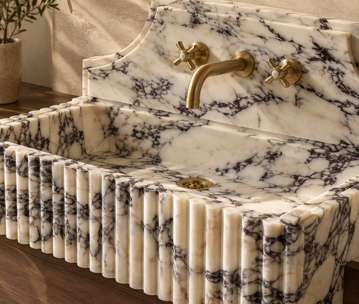 Close-up of Kaunos fluted marble front and violet veining