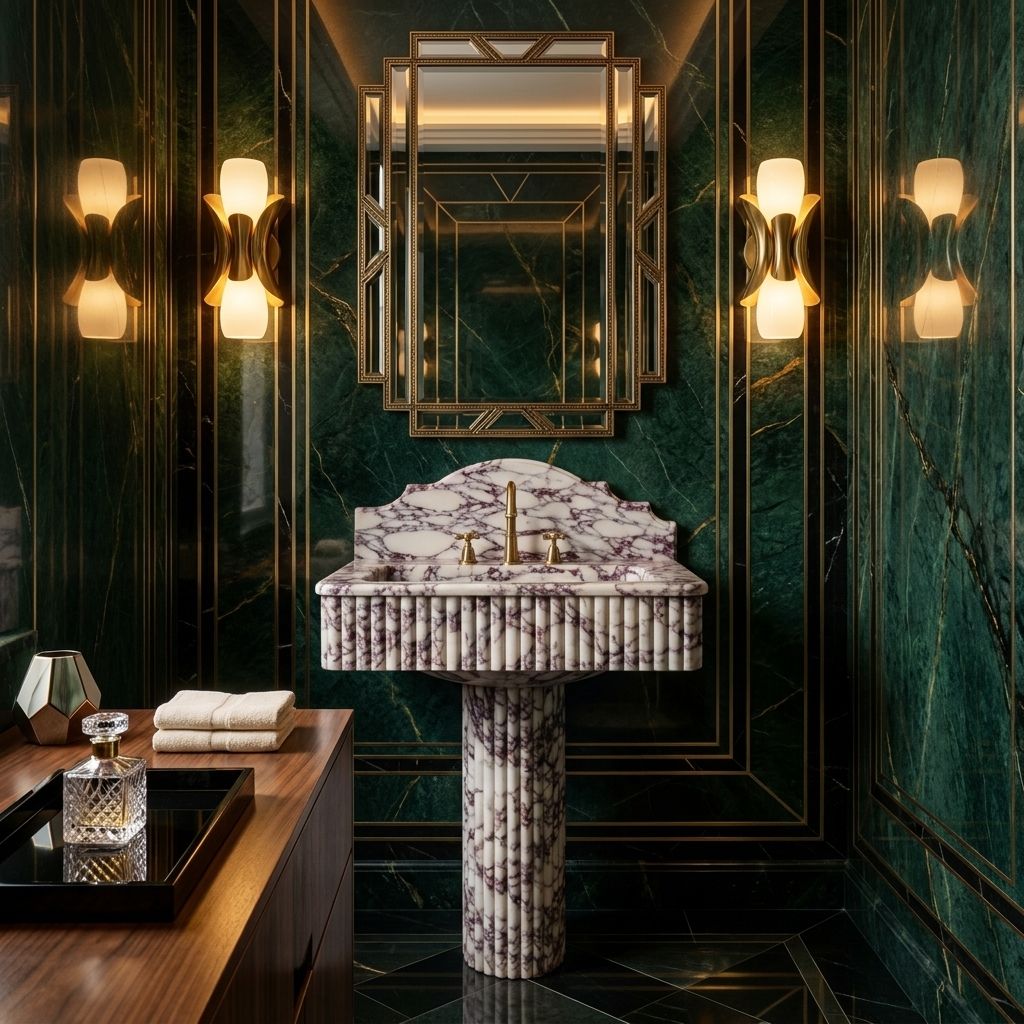 Sardis Calacatta Viola pedestal sink in a dark green bathroom