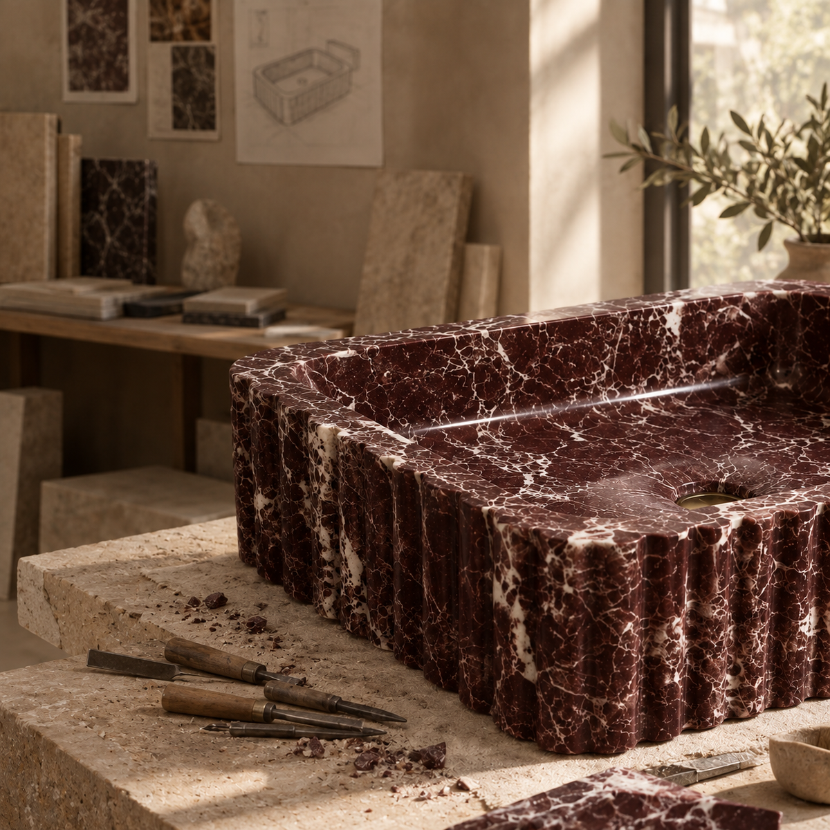 Myra red marble fluted sink with carving tools in the workshop