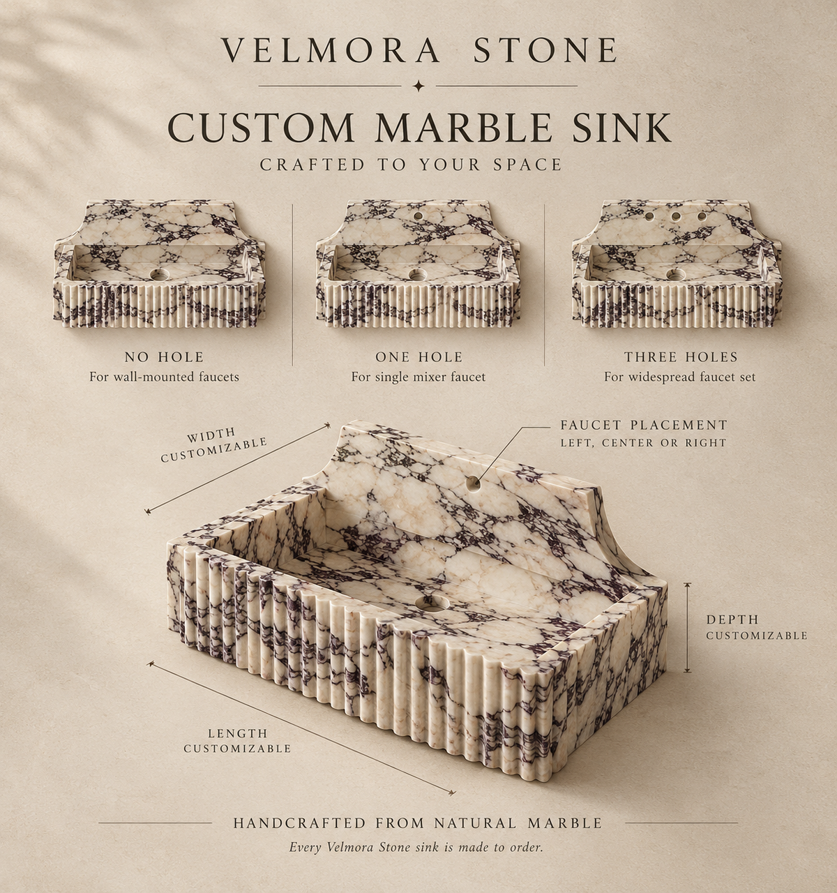 Kaunos custom marble sink size options