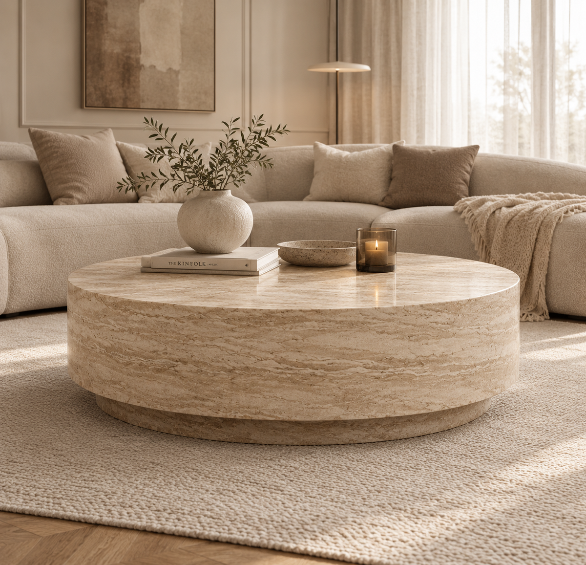 Troy travertine drum coffee table in a bright living room