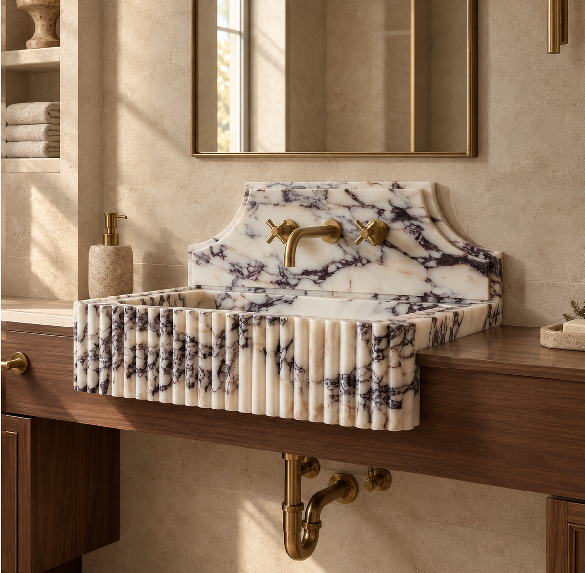 Kaunos Calacatta Viola fluted wall-mounted marble sink with backsplash