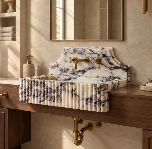 Kaunos Calacatta Viola fluted wall-mounted marble sink with backsplash