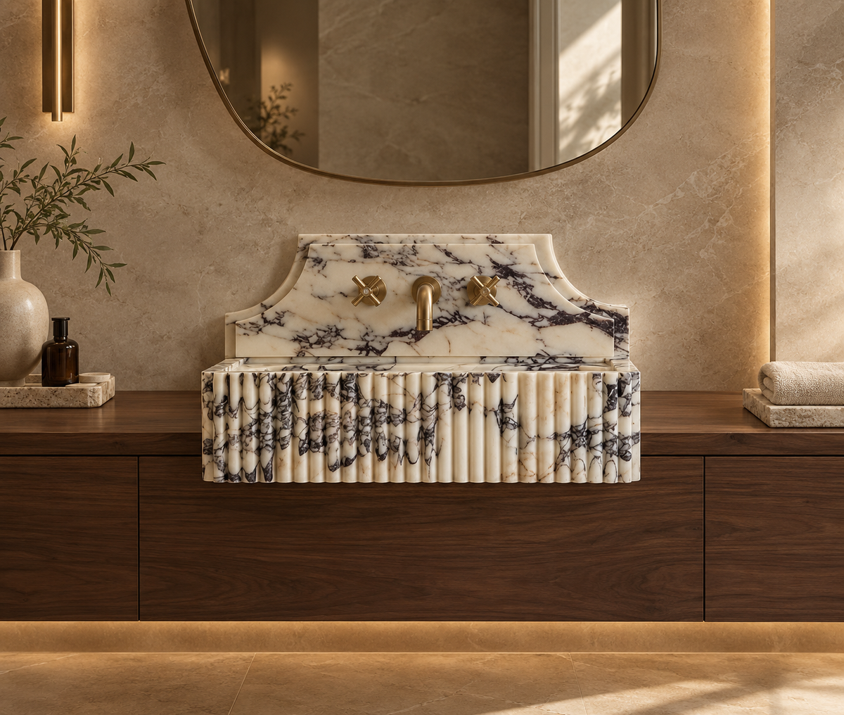 Kaunos fluted Calacatta Viola sink on a walnut vanity