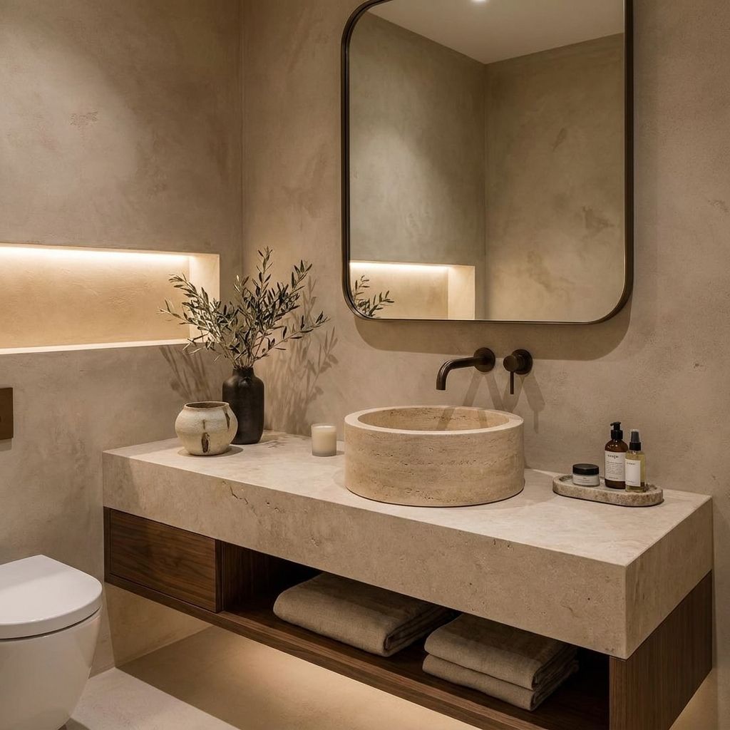 Priene round travertine vessel sink on a floating vanity