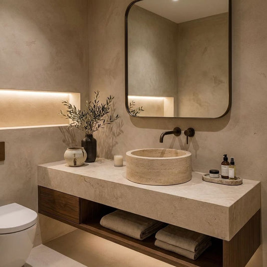 Priene round travertine vessel sink on a floating vanity