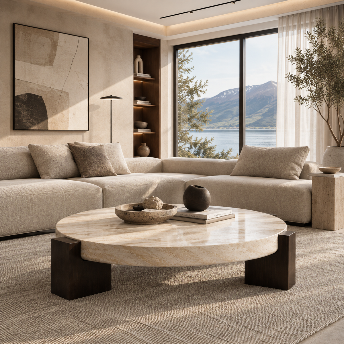 Lycia travertine coffee table in a bright living room with window