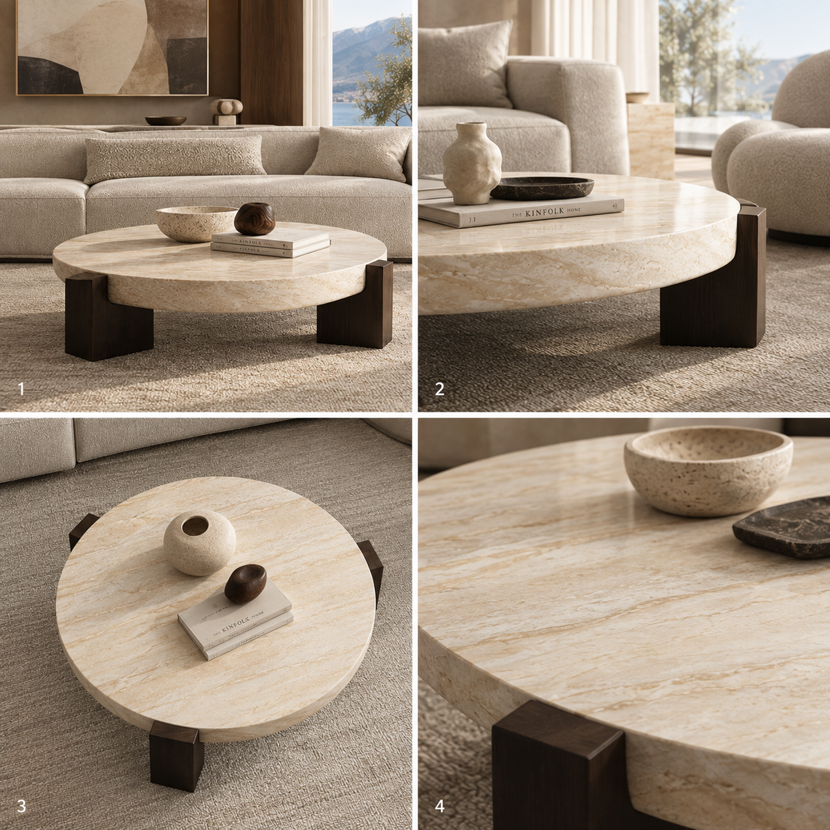 Lycia travertine coffee table detail views collage