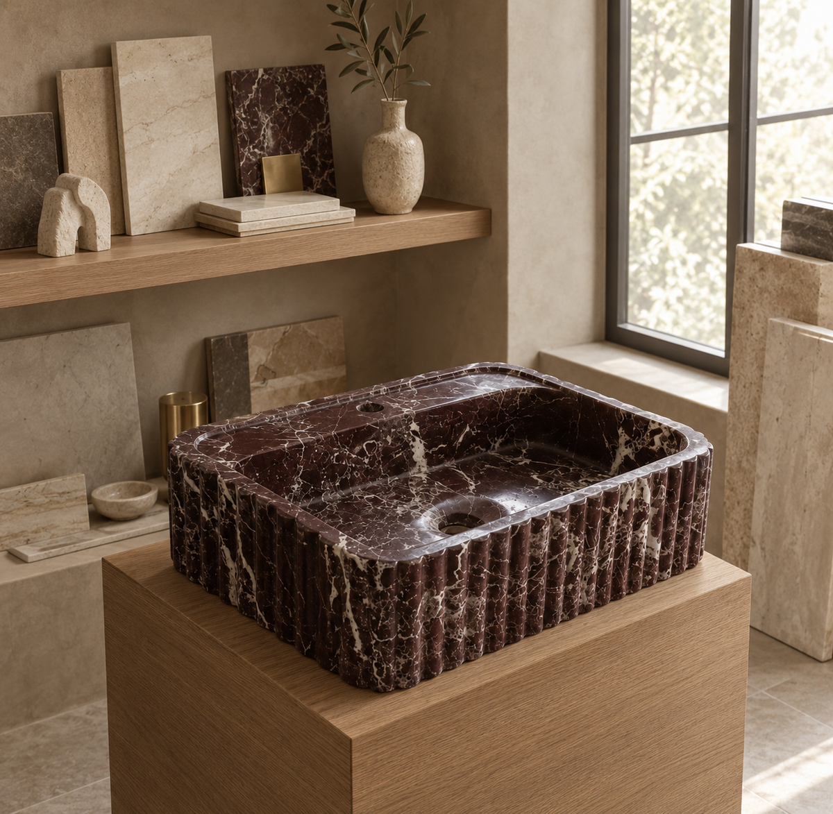 Myra Rosso Levanto marble sink on a wall shelf