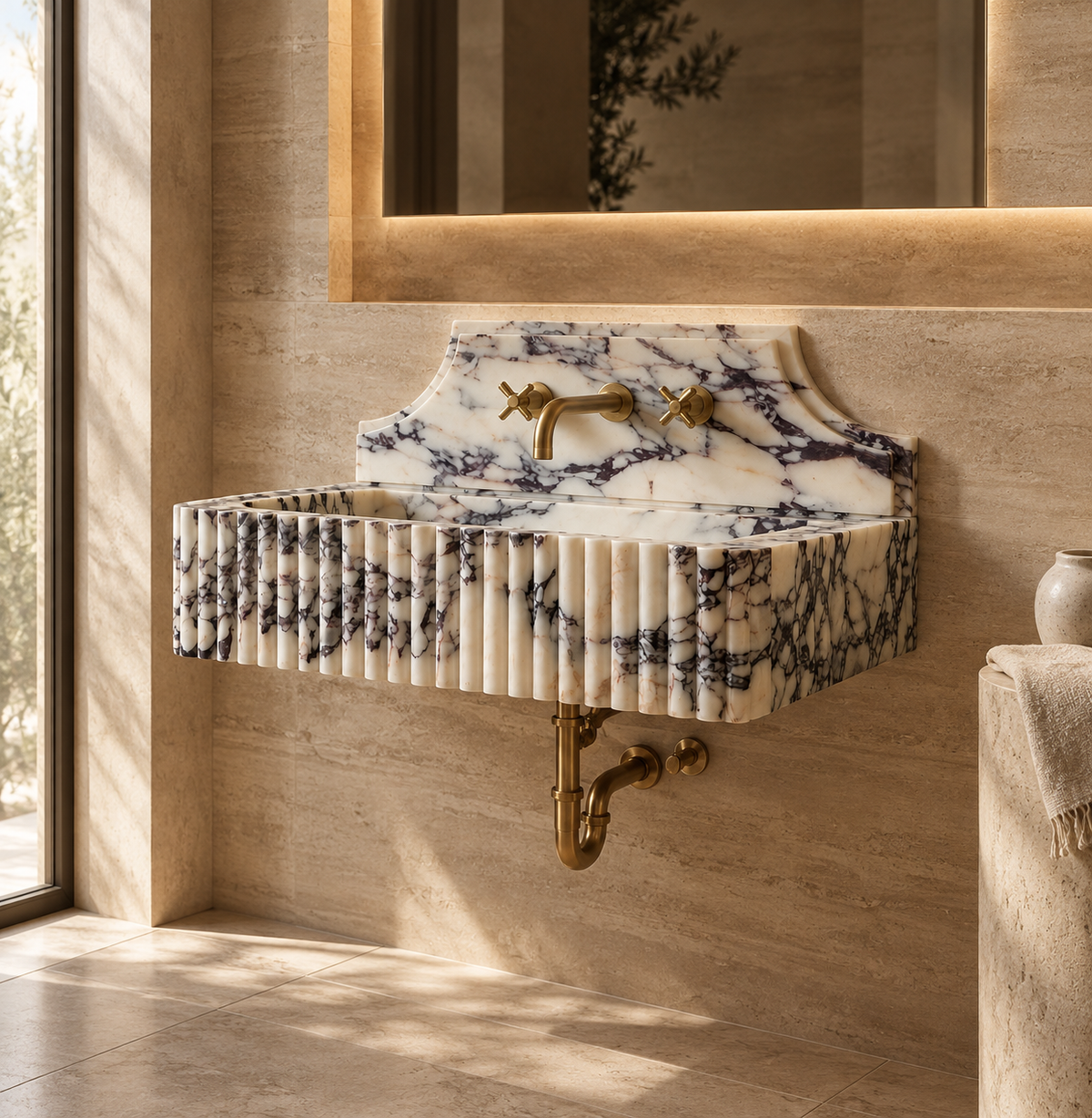 Kaunos Calacatta Viola fluted sink with brass wall faucet