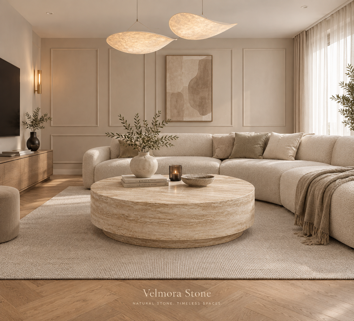Troy round travertine drum coffee table in a cream living room