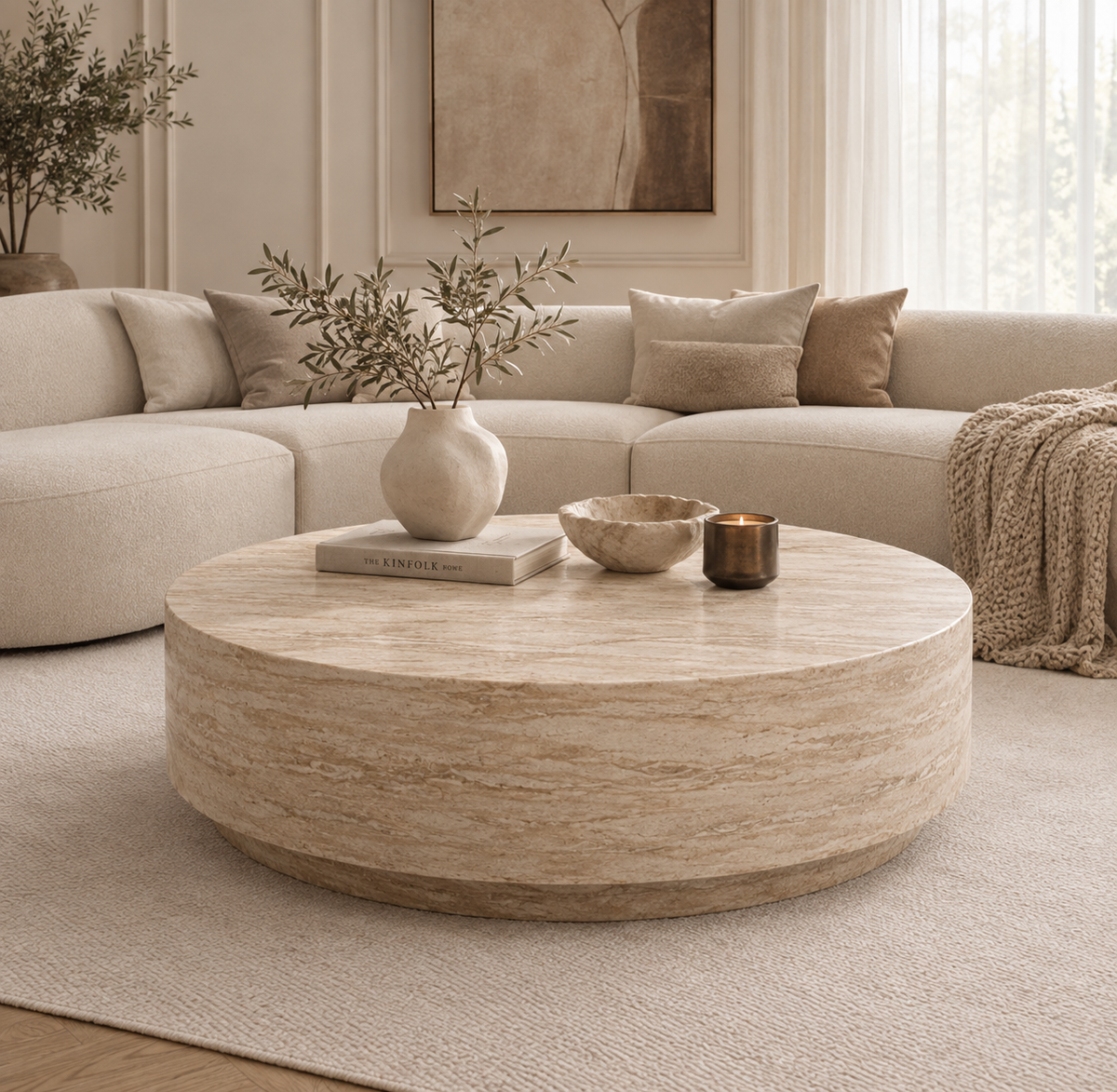 Troy travertine drum coffee table with vase and books