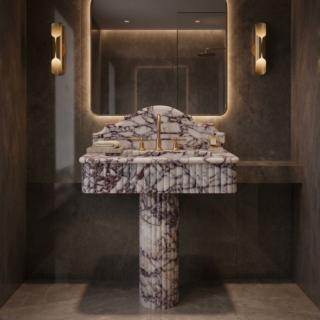 Sardis Calacatta Viola marble pedestal sink under a backlit mirror