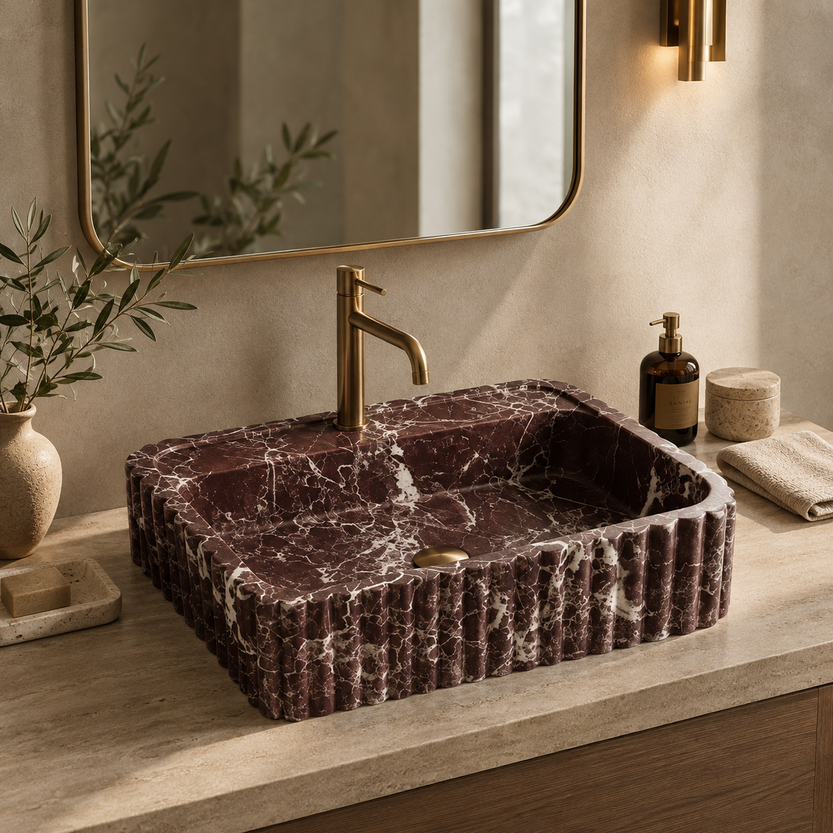 Myra red marble fluted vessel sink on a wooden vanity