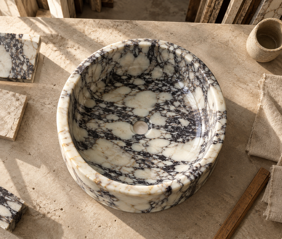 Dokimeion Calacatta marble vessel sink, top-down view of the basin