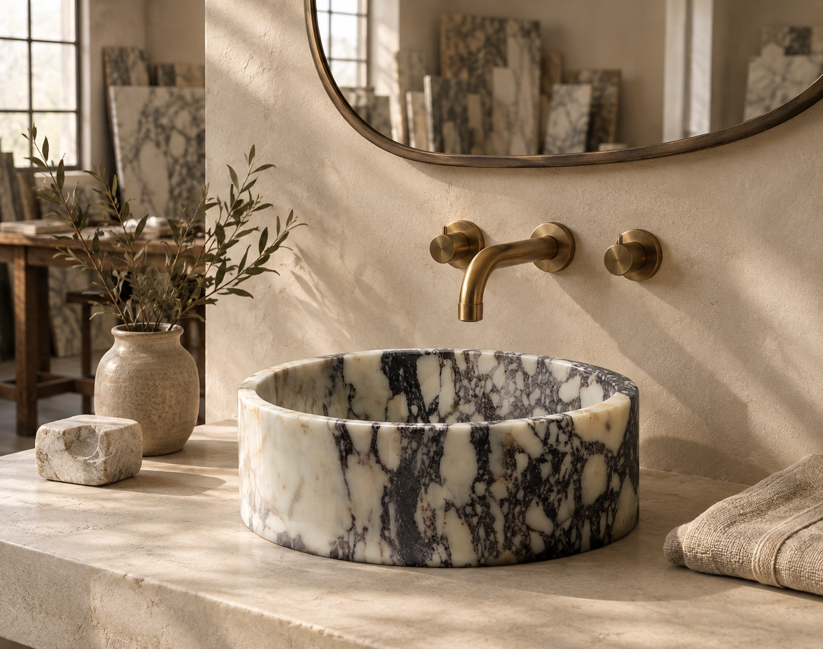 Dokimeion round Calacatta marble vessel sink with brass wall faucet