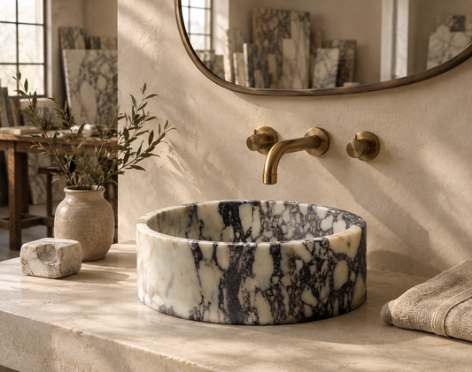 Dokimeion round Calacatta marble vessel sink with brass wall faucet