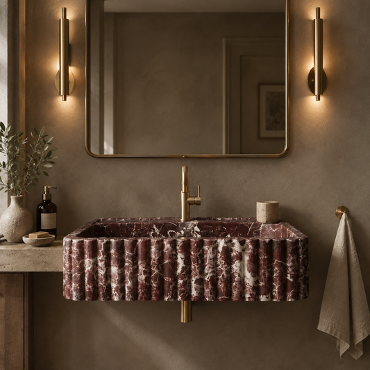 Myra Rosso Levanto red marble fluted vessel sink on a vanity