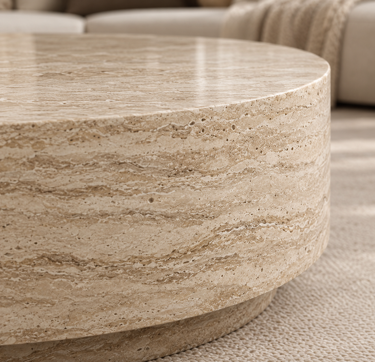 Close-up of Troy travertine drum table texture