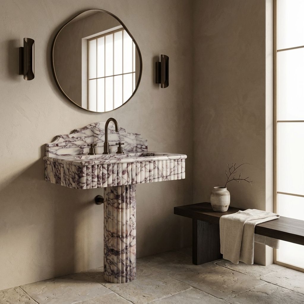 Sardis Calacatta Viola fluted marble pedestal sink with round mirror