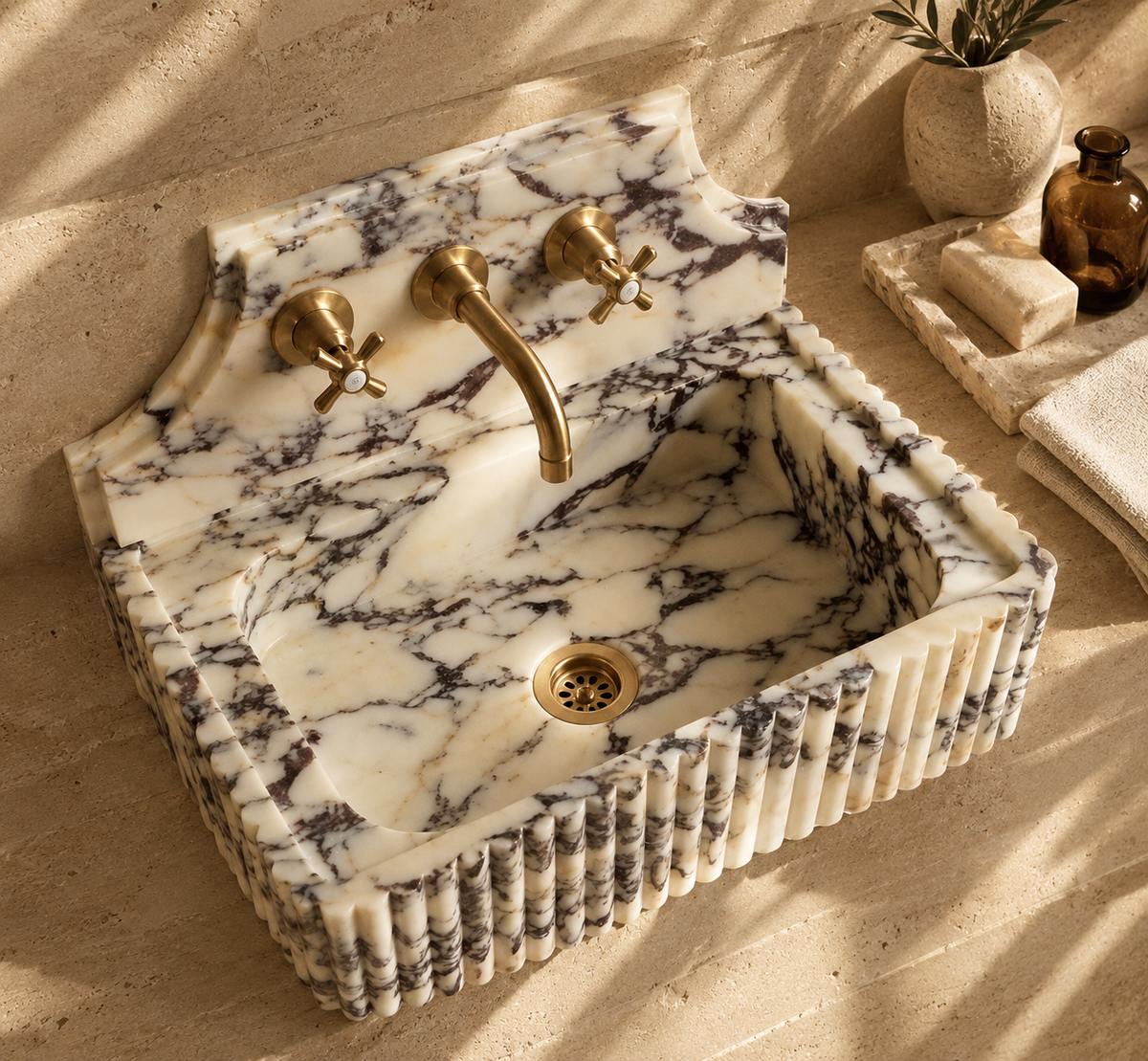 Kaunos Calacatta Viola marble sink basin, overhead view