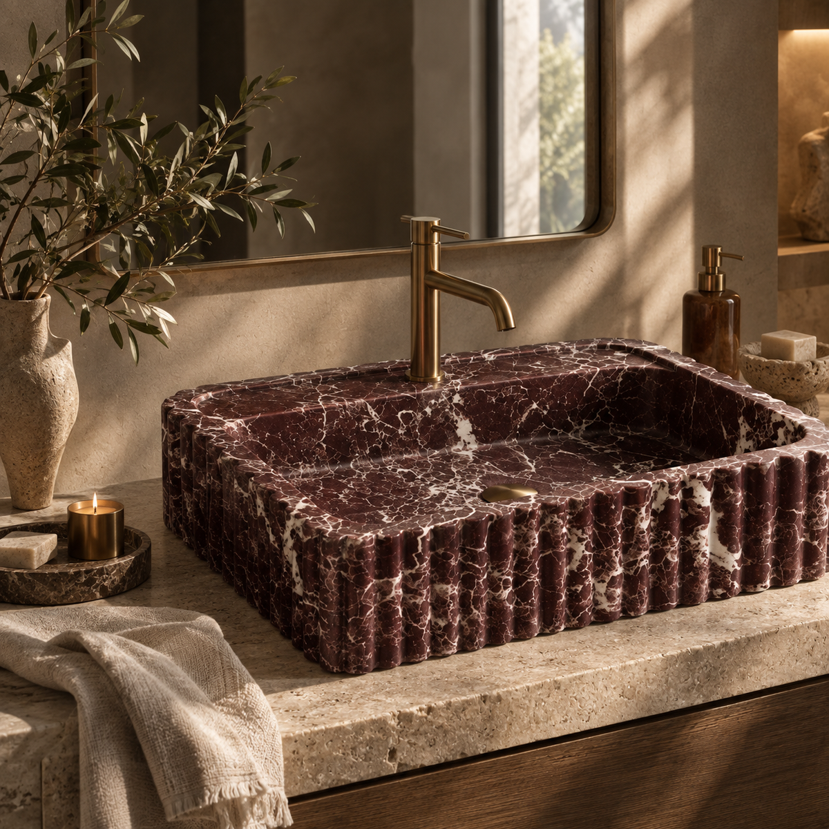 Close-up of Myra Rosso Levanto marble sink with brass faucet