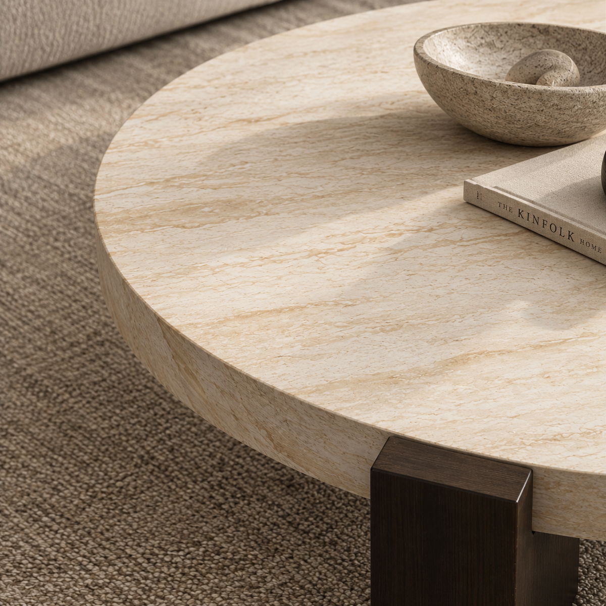 Close-up of Lycia travertine surface texture and dark leg