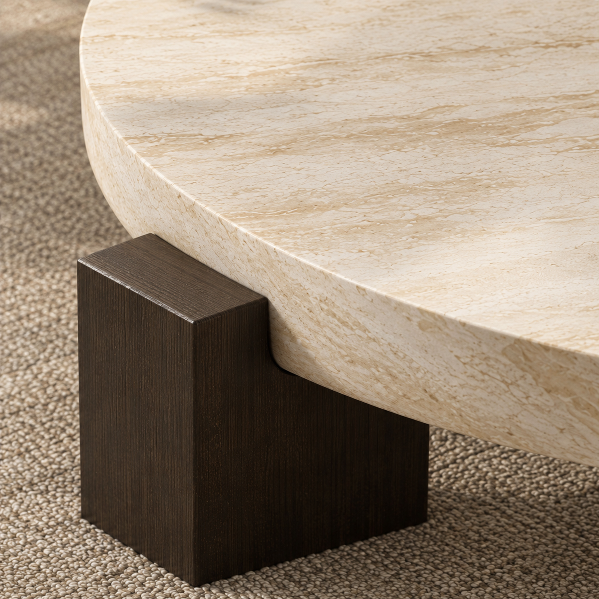 Close-up of the Lycia travertine table edge and dark wood leg