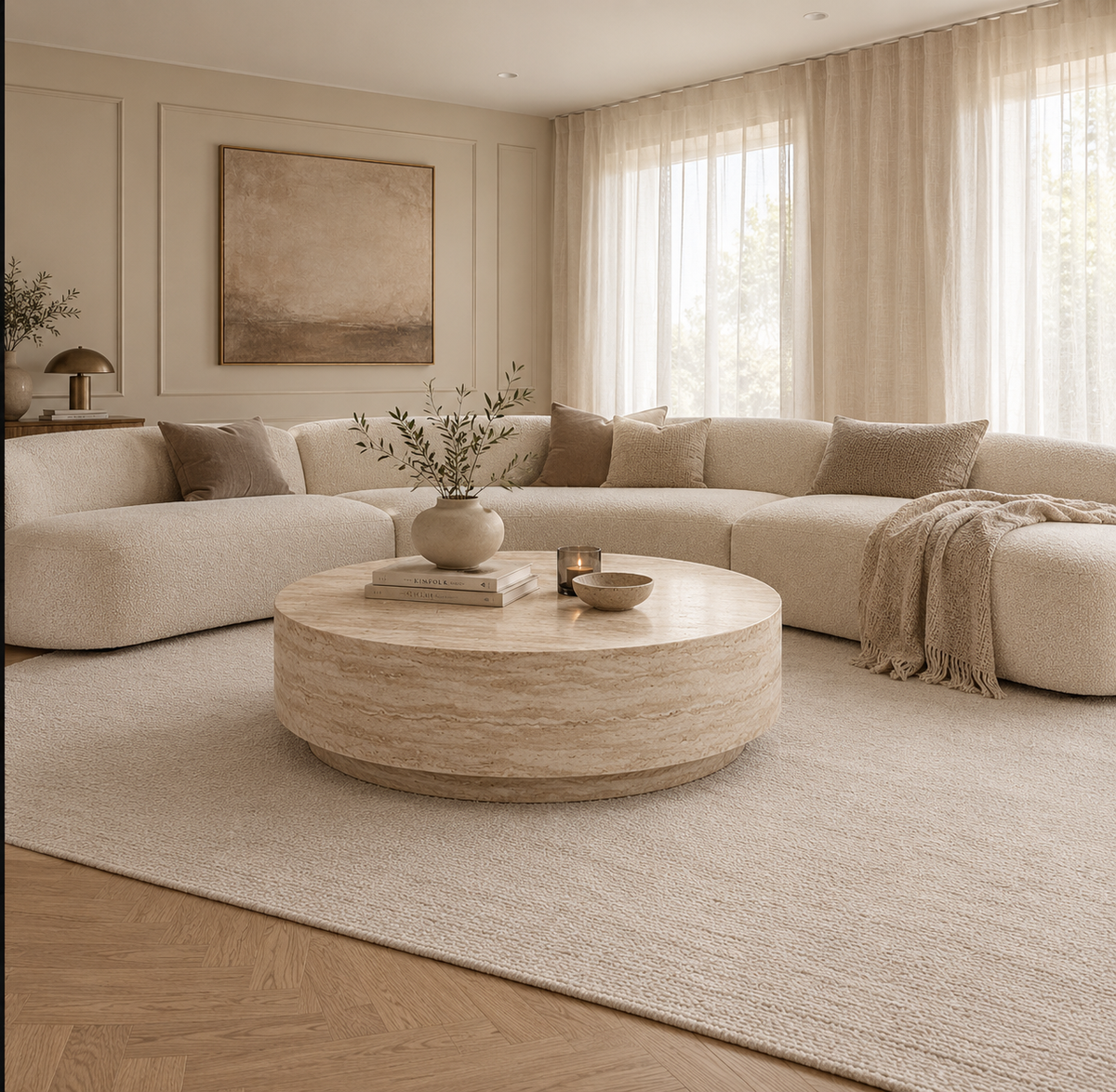 Troy travertine drum coffee table in front of a curved sofa