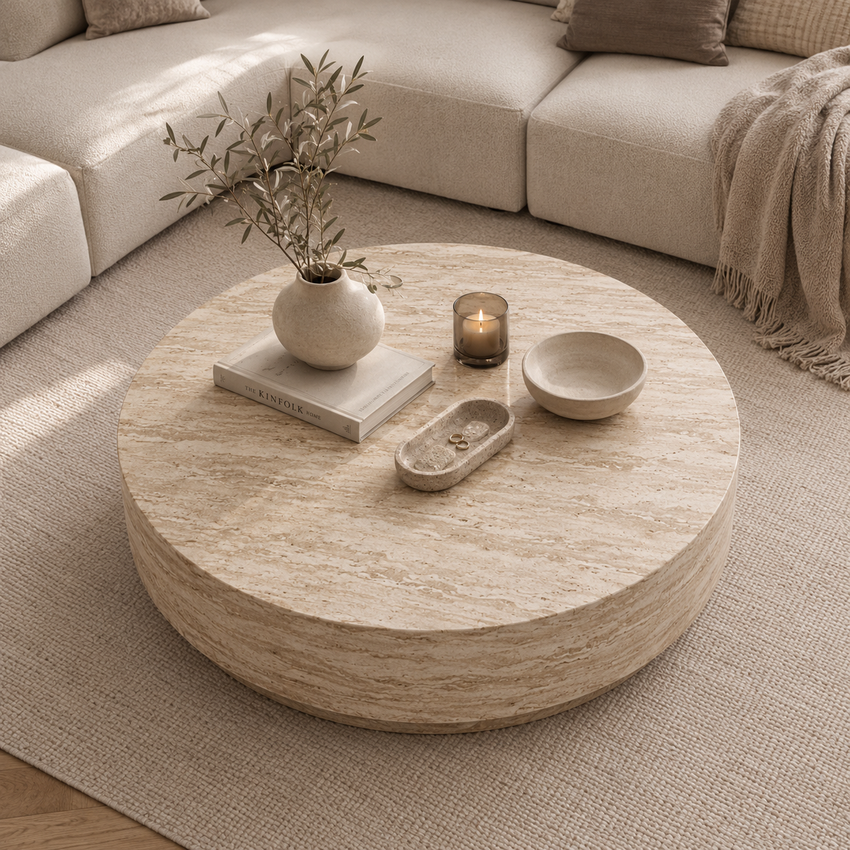 Troy round travertine drum coffee table, overhead view