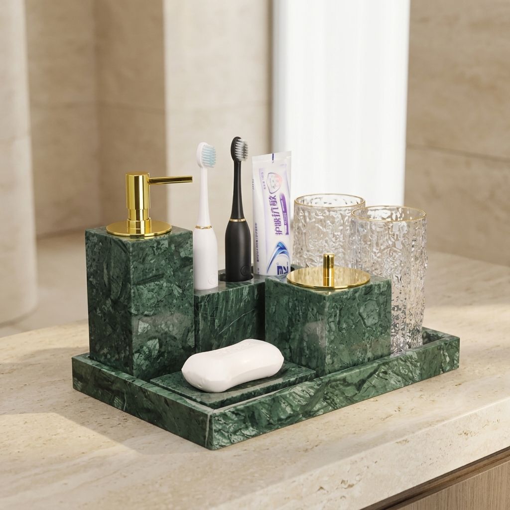 Knidos green marble bath accessories on a tray in a light bathroom