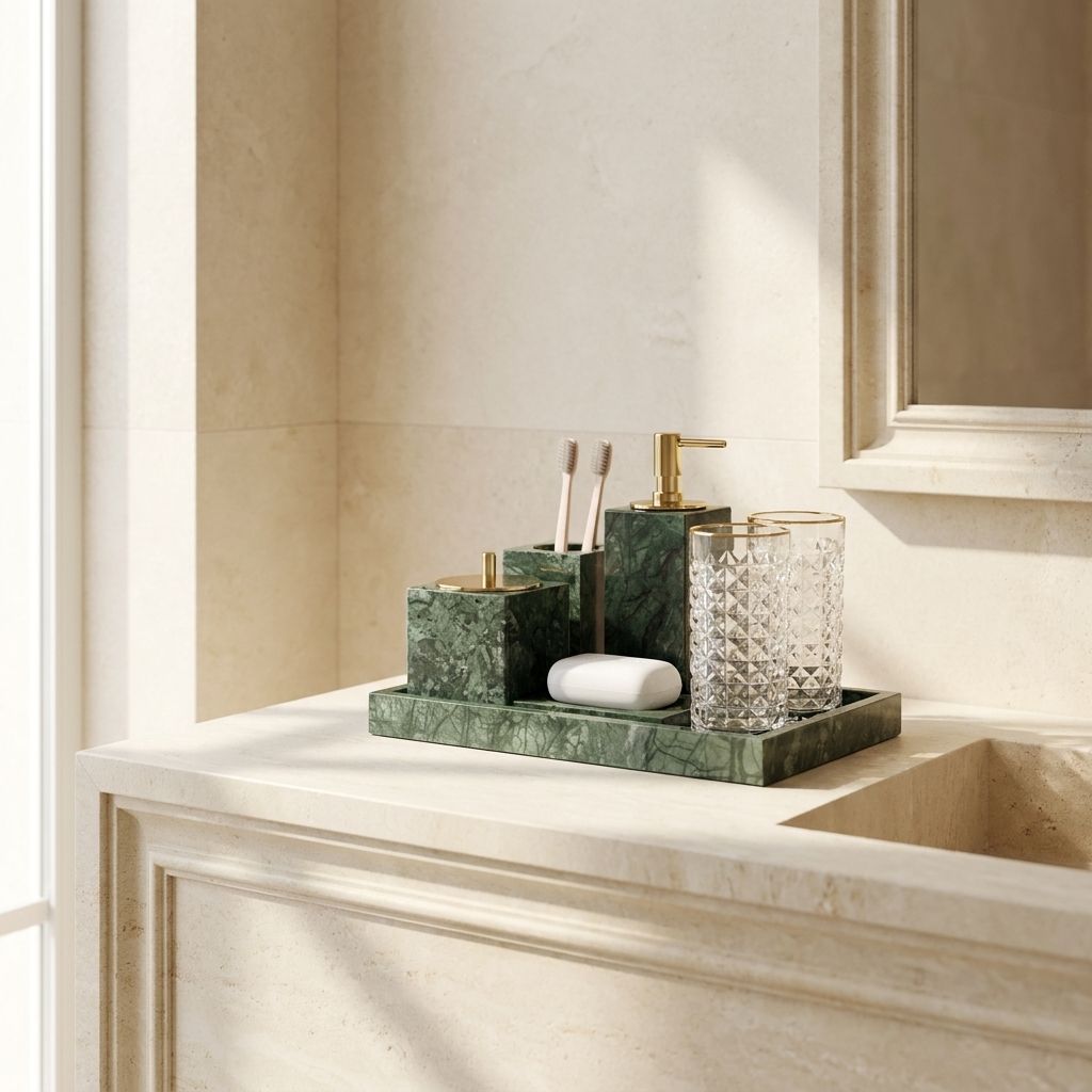 Knidos green marble bath accessories on a beige vanity