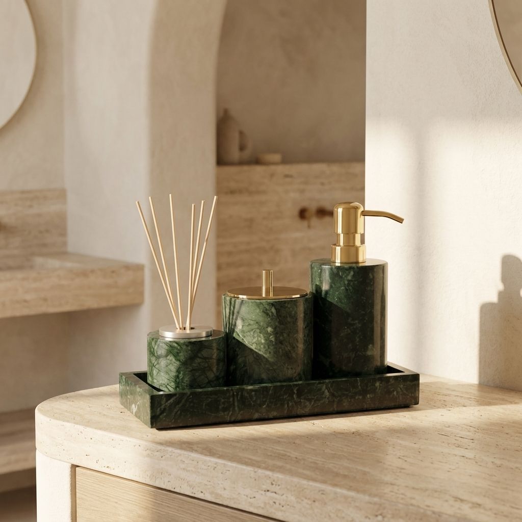 Knidos emerald marble soap dispenser and cups beside a diffuser