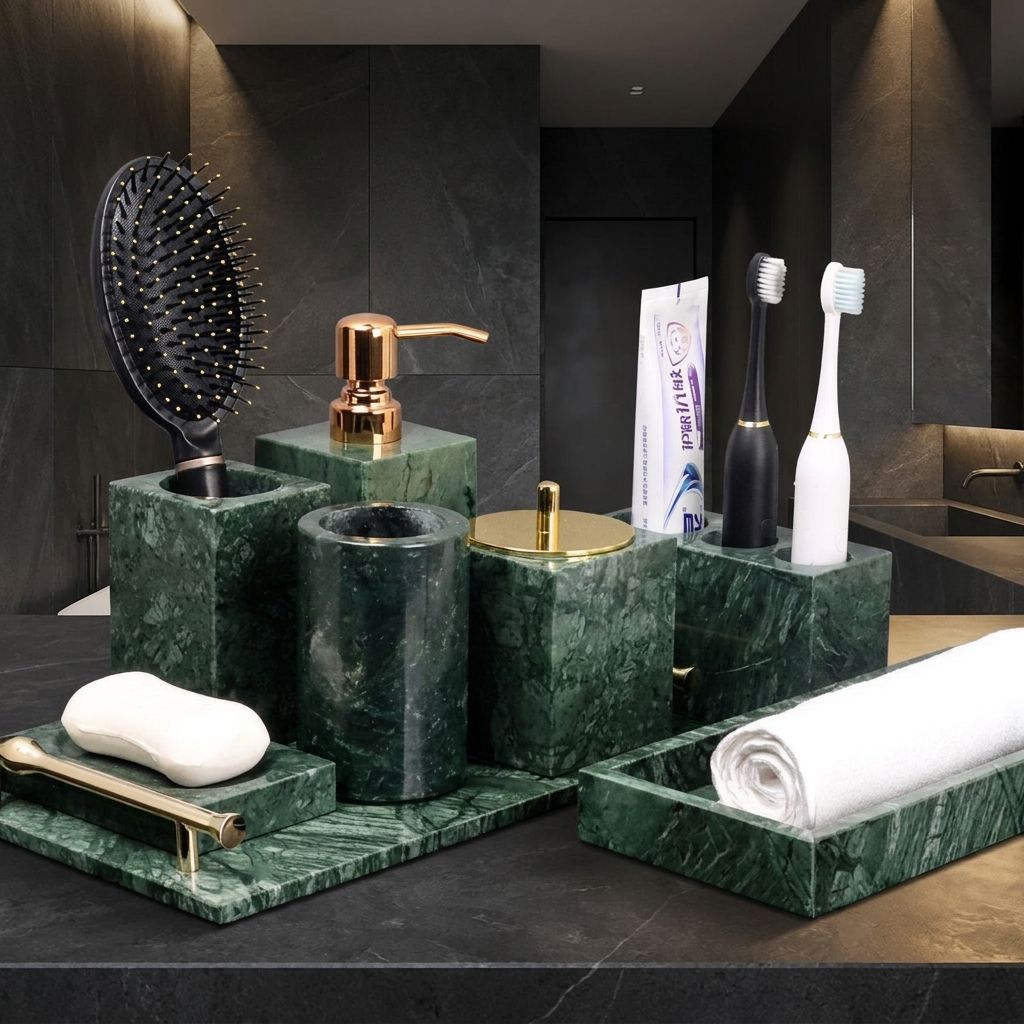 Knidos emerald marble bath collection with tray, soap dish and dispenser