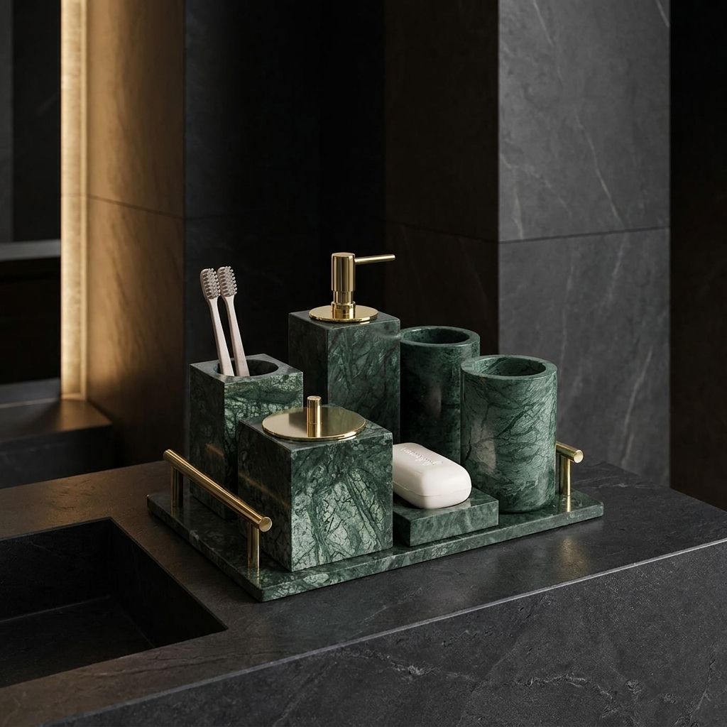 Knidos emerald green marble bathroom accessory set with gold hardware on a dark counter