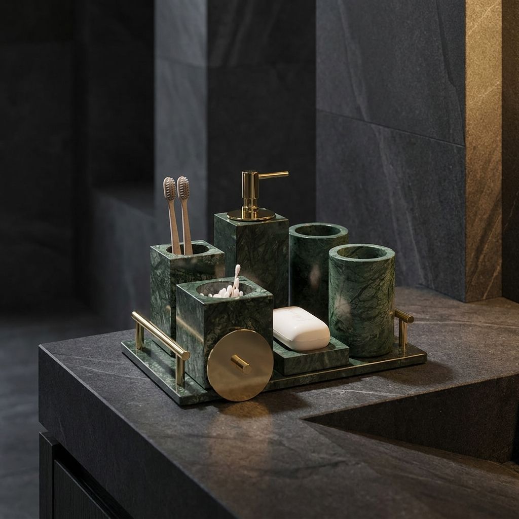 Knidos green marble bath set with toothbrush holder and soap dispenser