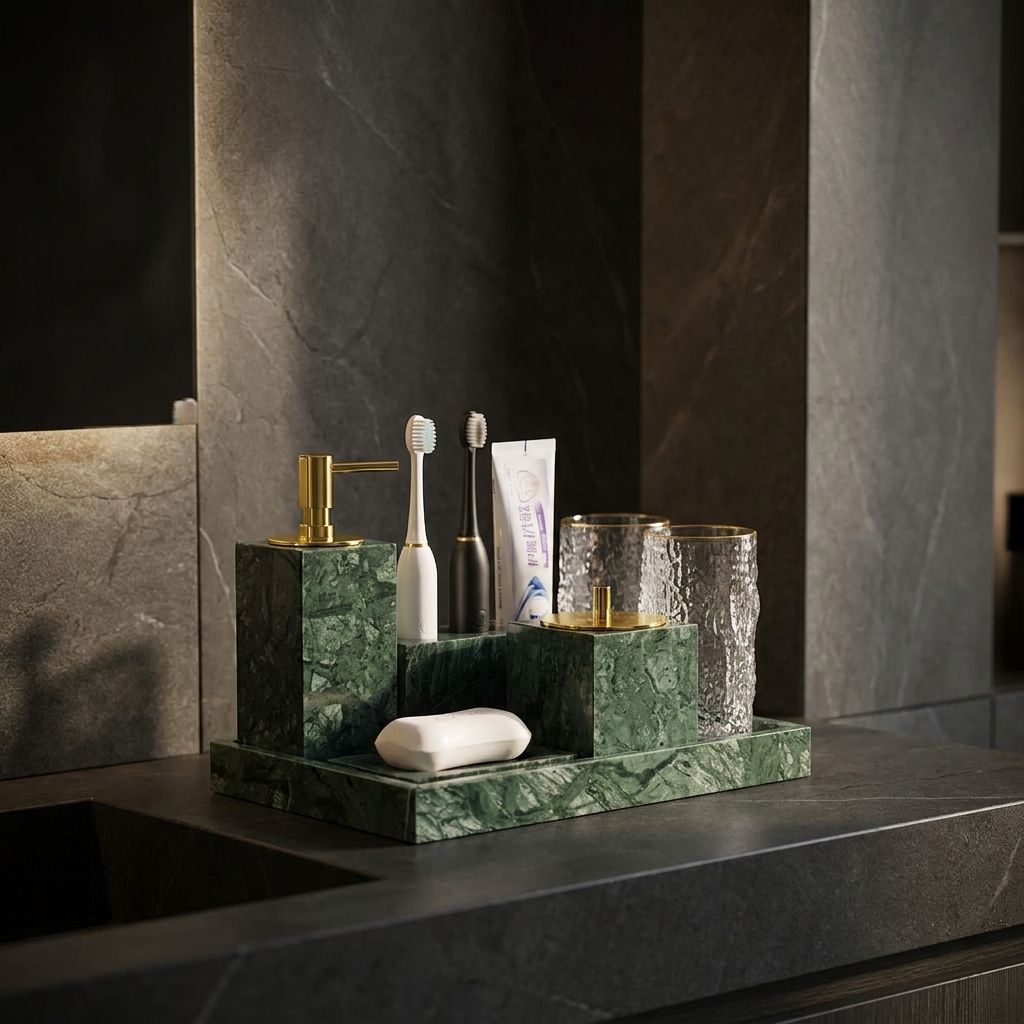 Knidos green marble bath set on a dark bathroom counter