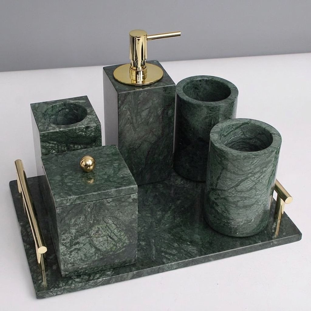 Knidos emerald marble bath set with gold-trimmed tray on white background