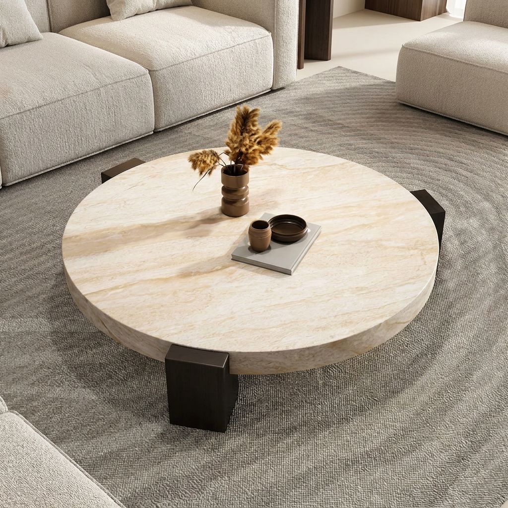 Lycia travertine coffee table styled with dried flowers and books