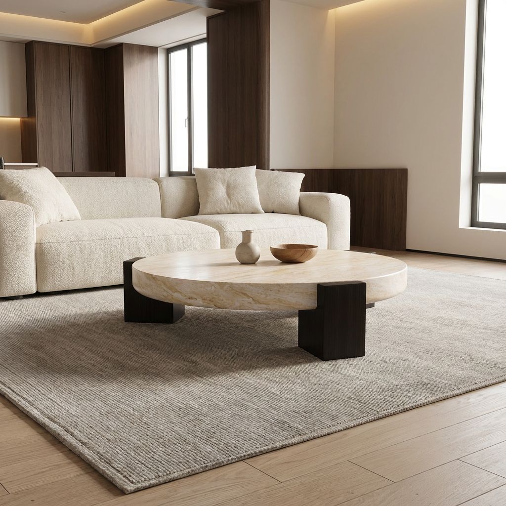 Lycia round travertine coffee table in front of a cream sofa