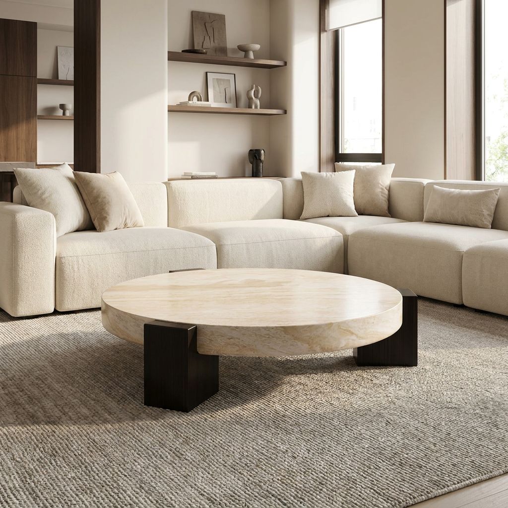 Lycia round travertine coffee table in a living room with sectional sofa