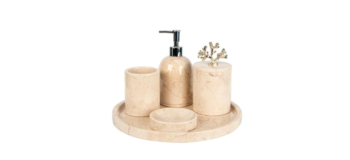 Assos cream marble bath set: soap dispenser, cup and tray