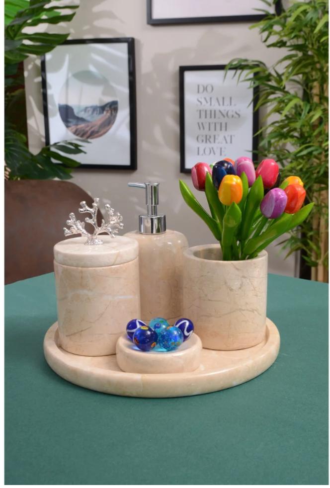 Assos cream marble bath set with flowers on a tray