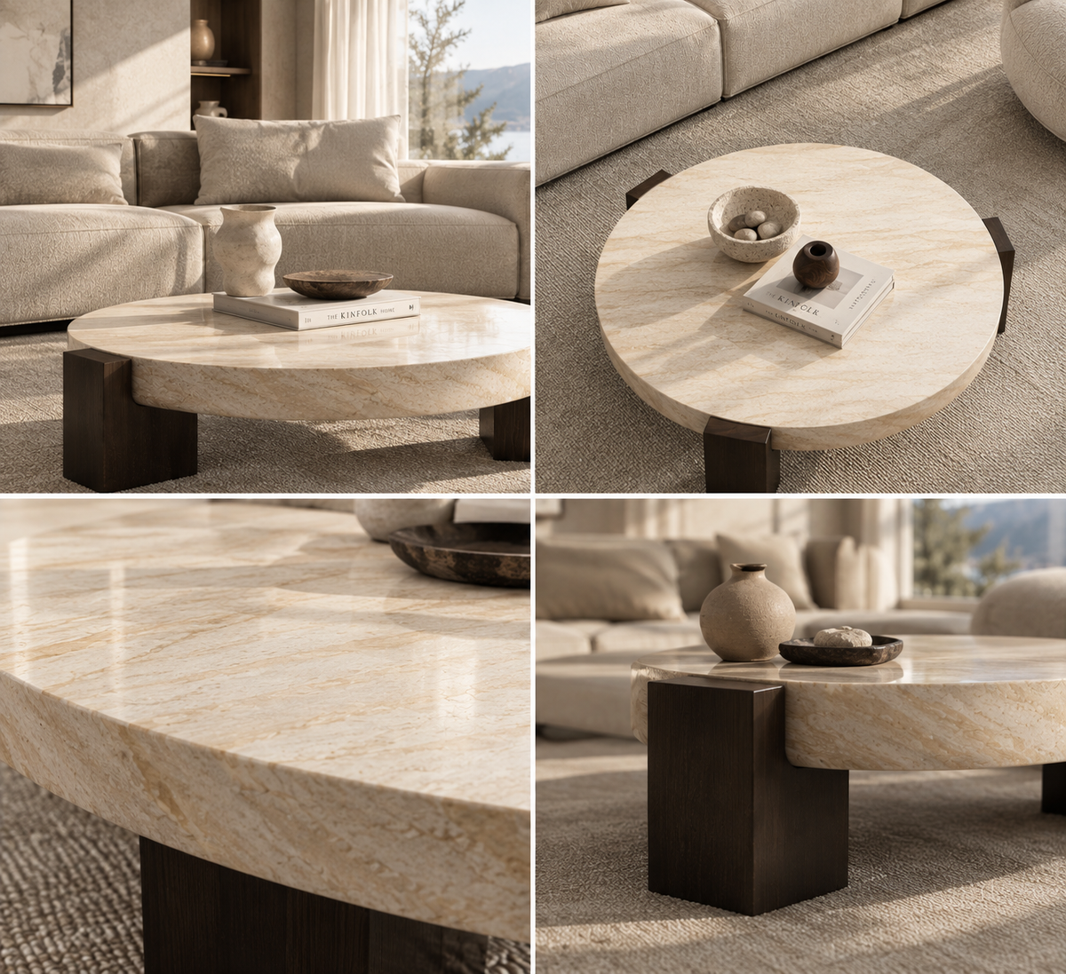 Lycia travertine coffee table shown from multiple angles