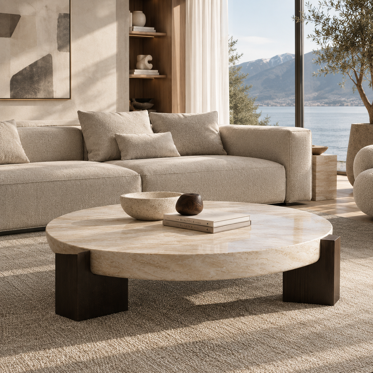 Lycia round travertine coffee table in a living room with lake view
