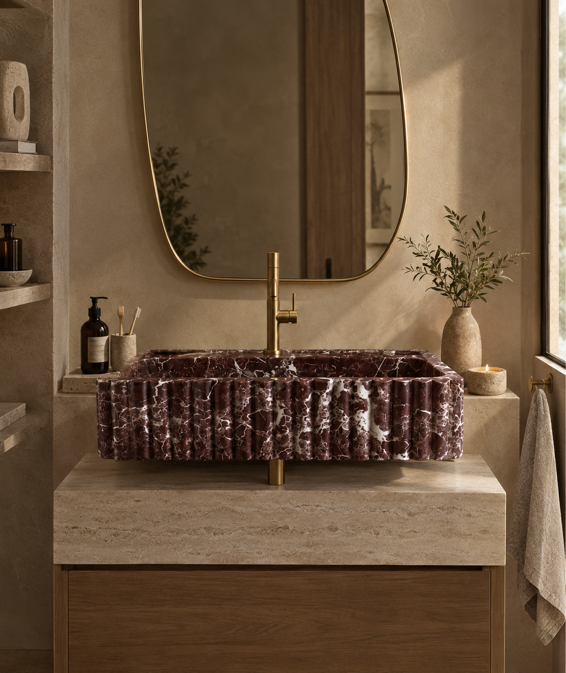 Myra Rosso Levanto marble vessel sink in a warm-toned bathroom